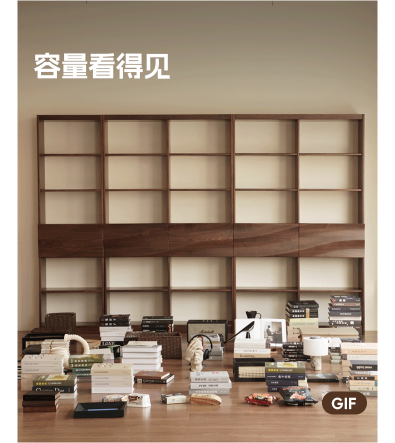 Black Walnut Solid Wood Bookshelf with Combination Storage and Display Shelves