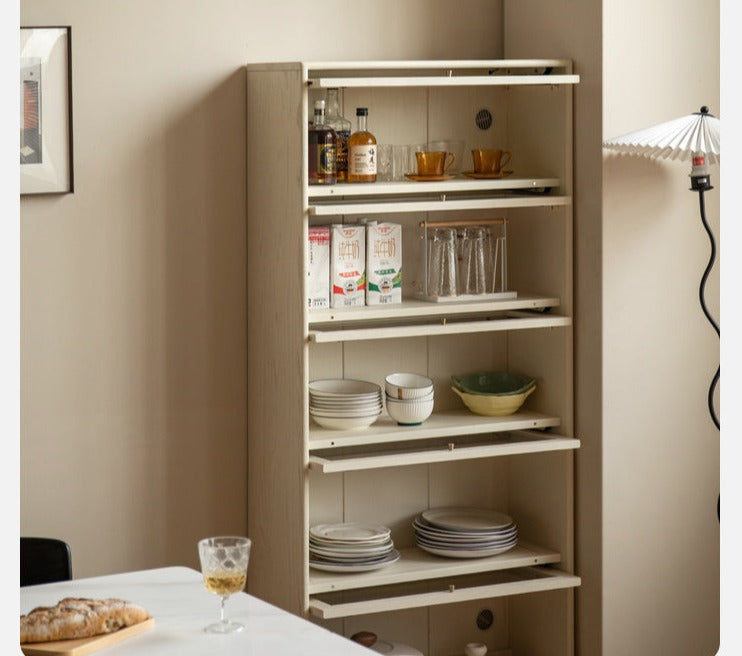Oak Solid Wood Bookcase, Cream Flipped Door, Glass Display Cabinet