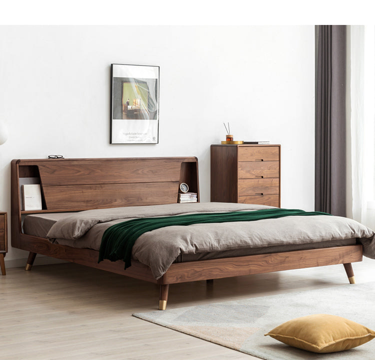 Black walnut solid wood light luxury luminous storage bed_)
