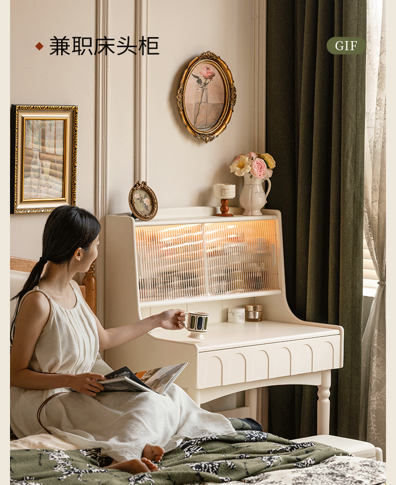 Rubberwood Solid Wood French Retro Vanity Desk with Lighted Storage Mirror and Drawers