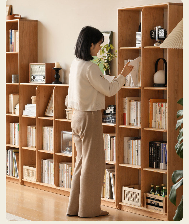 Cherry Solid Wood Freely Combinable Bookshelf with Floor-Standing Grid Design