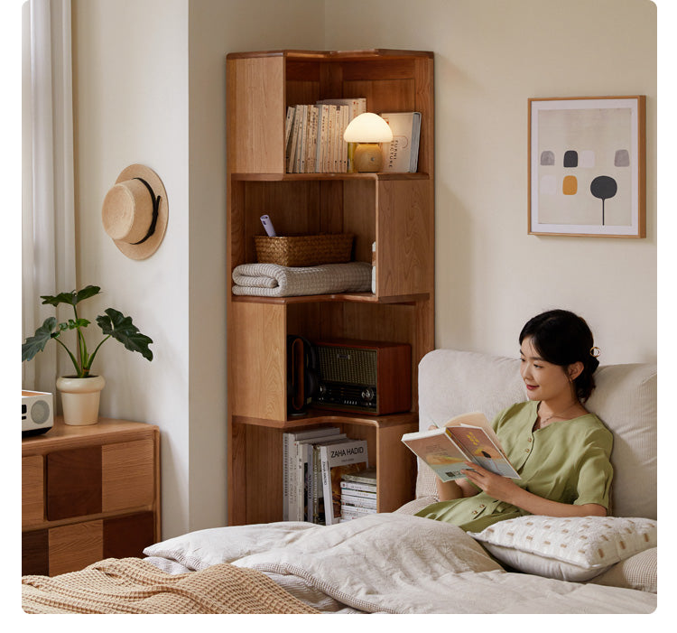 Cherry Solid Wood Corner Bookcase Floor Storage Cabinet<