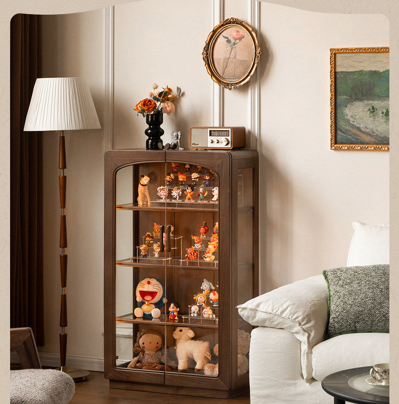 Black Walnut Solid Wood Side Cabinet with LED Lighting and Glass Panels