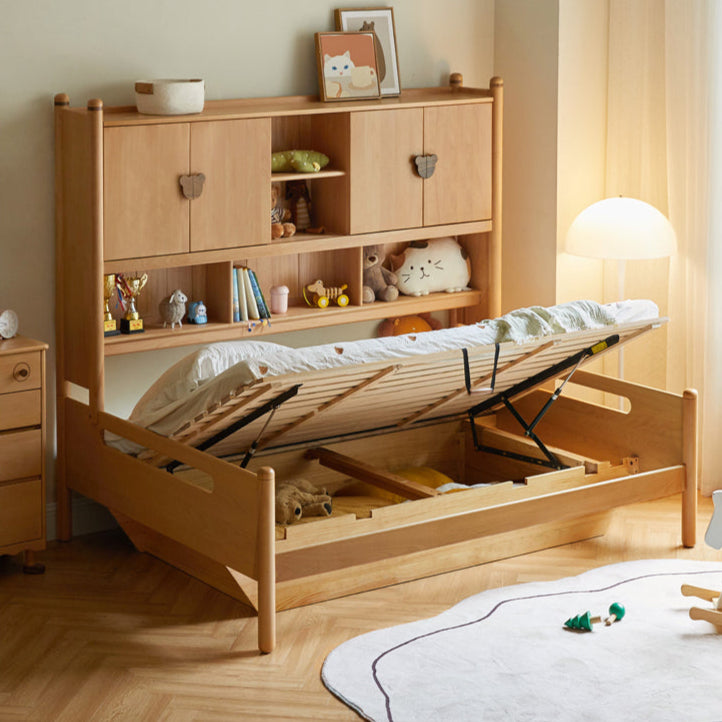 Oak Solid Wood Kids Storage Bed with Built-In Bookcase Headboard and Lift Storage