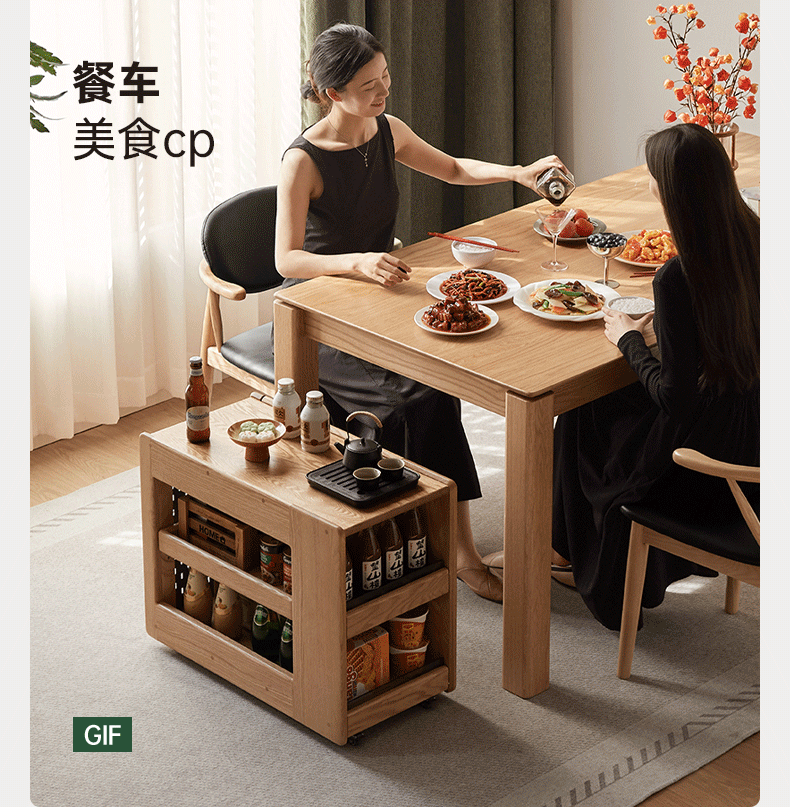 Oak Solid Wood Side Table with Mobile Trolley and Storage Functionality