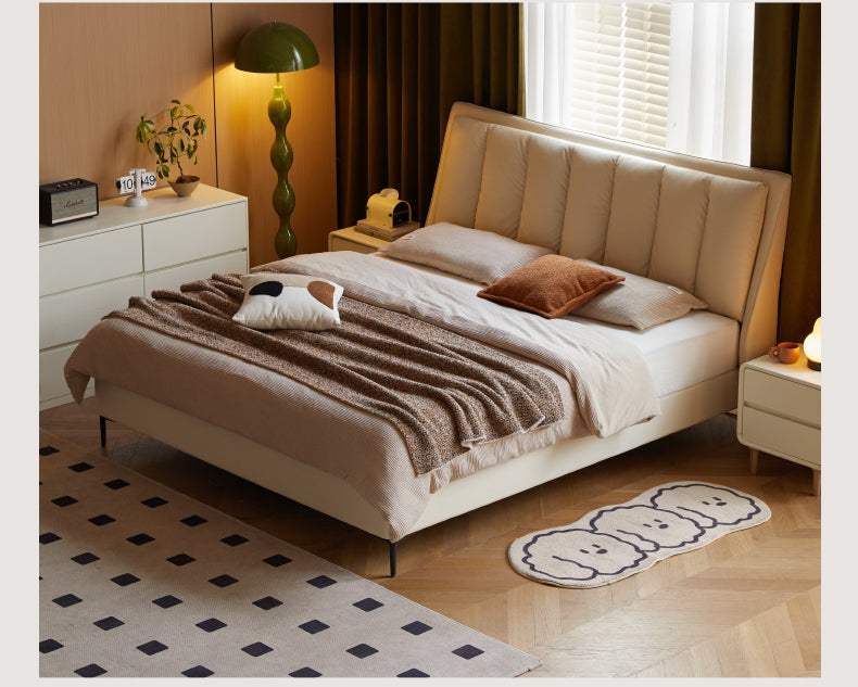 Genuine leather upholstered White Goose Down Cream Style Edge Bed)