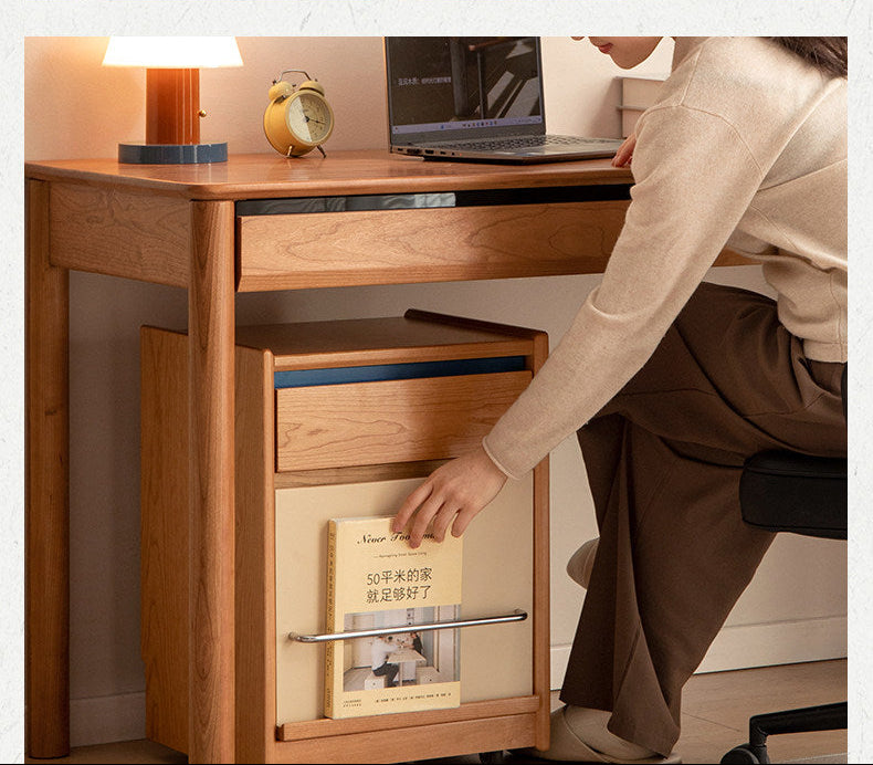 Cherry Solid Wood Nightstand with Storage Drawer and Magazine Holder with Wheels