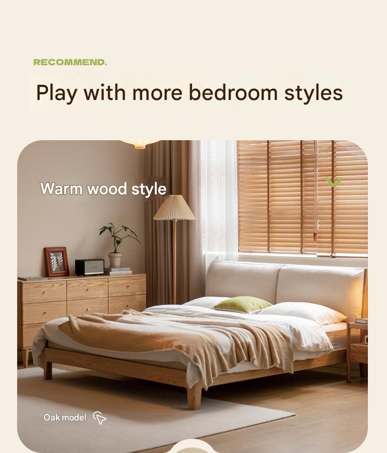 Rubberwood Solid Wood Upholstered Platform Bed with Cushioned Headboard, White