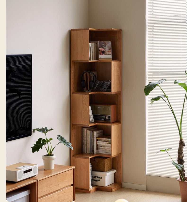 Cherry Solid Wood Corner Bookcase Floor Storage Cabinet<