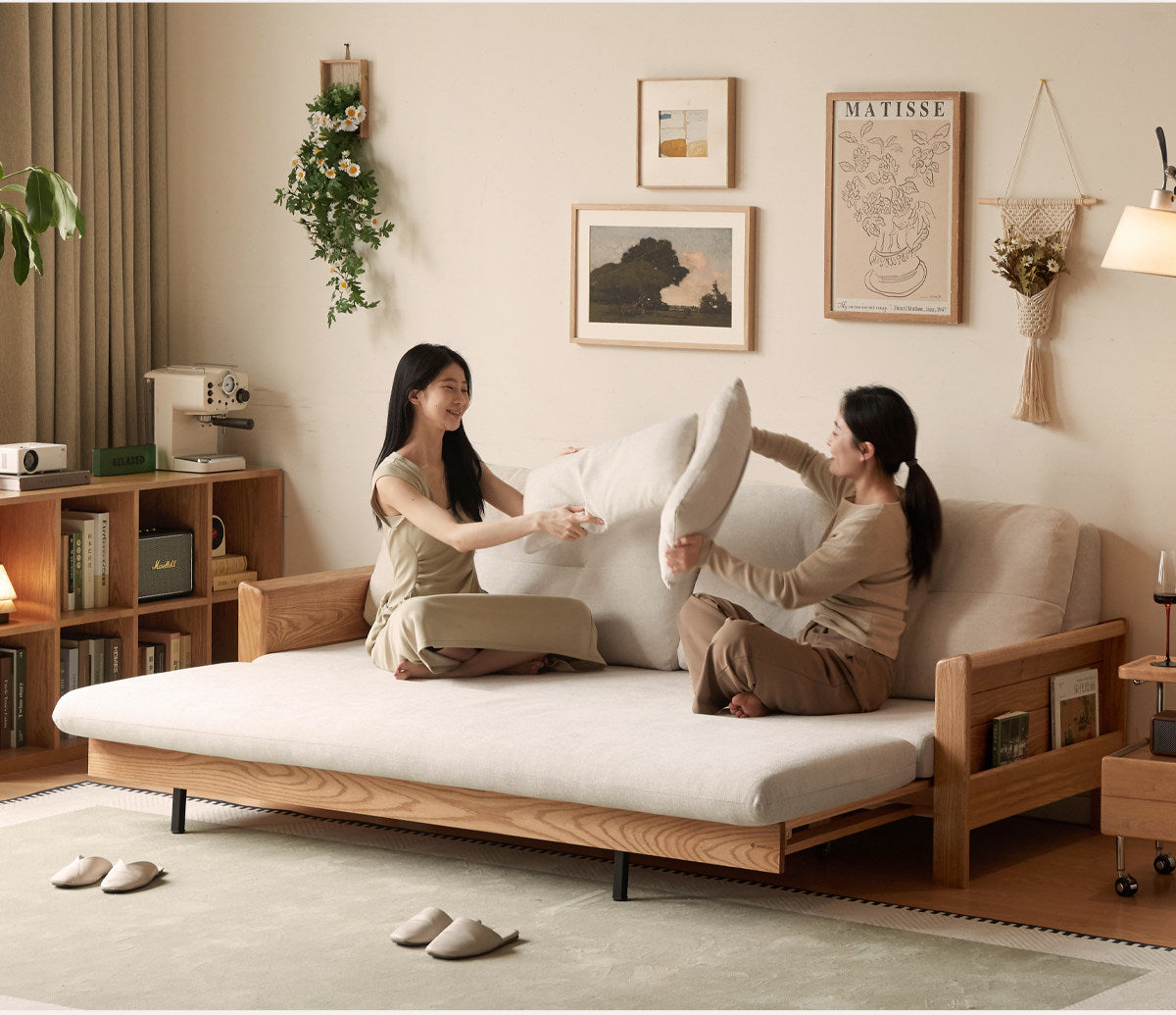 Oak Solid Wood Tufted Sofa Bed with Wood Frame and Side Storage Pocket