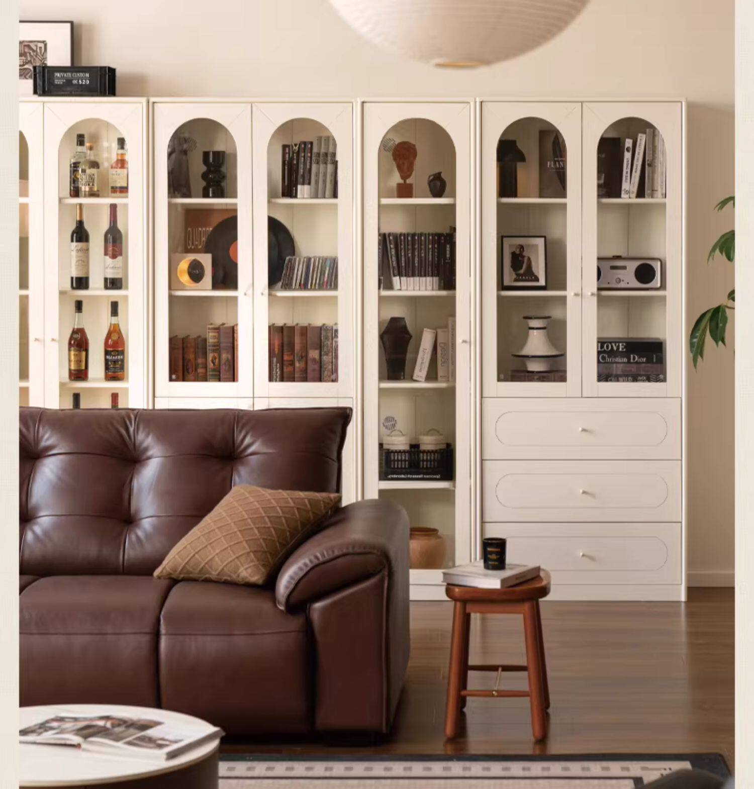 Solid RubberWood Bookcase White With Glass Door French Cream Style