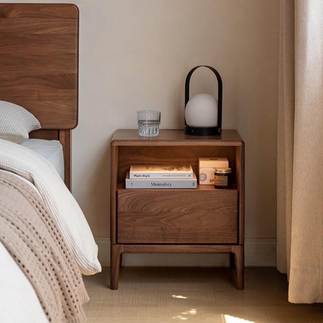 Black walnut, Ash solid wood bedside table with light drawer storage cabinet