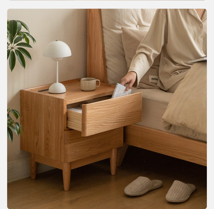 Oak solid wood smart nightstand phone charger, socket, lamp integrated -