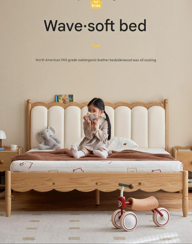 Oak solid wood Milky white kids upholstered bed with soft headboard<