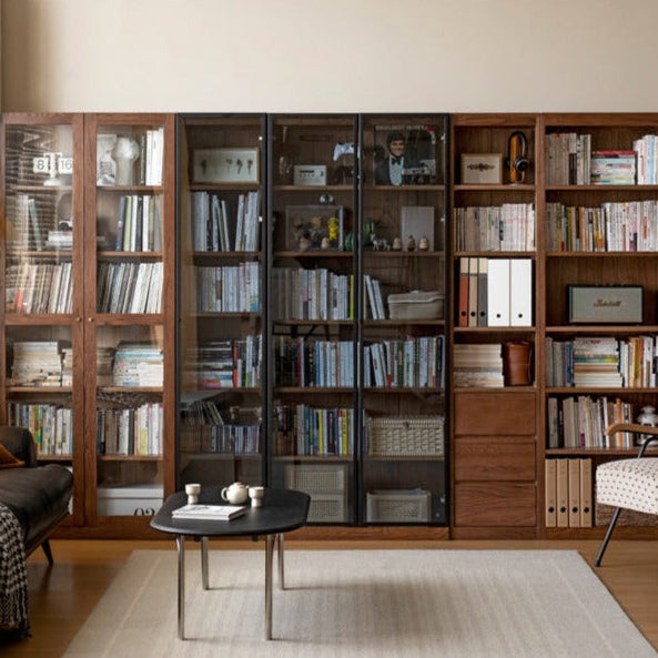 Solid Rubberwood, Oak Solid Wood Bookcase Modern With Glass Door