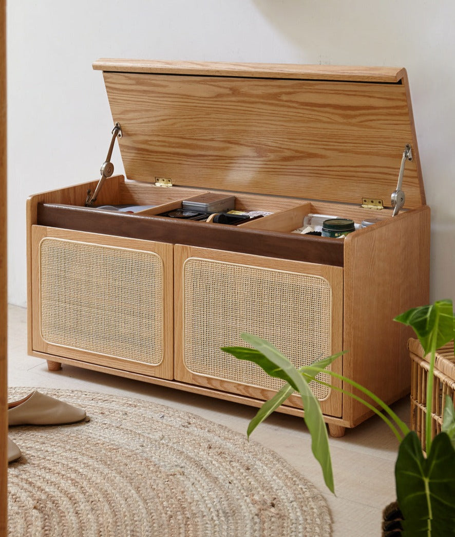 Oak solid wood rattan shoe cabinet, Shoe Storage Bench"