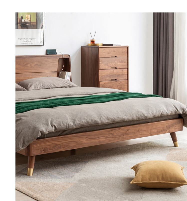 Black walnut solid wood light luxury luminous storage bed_)