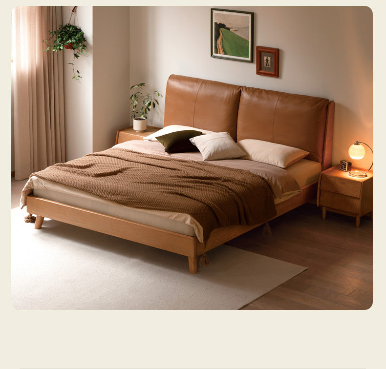 Cherry solid wood leather soft suspended bed<