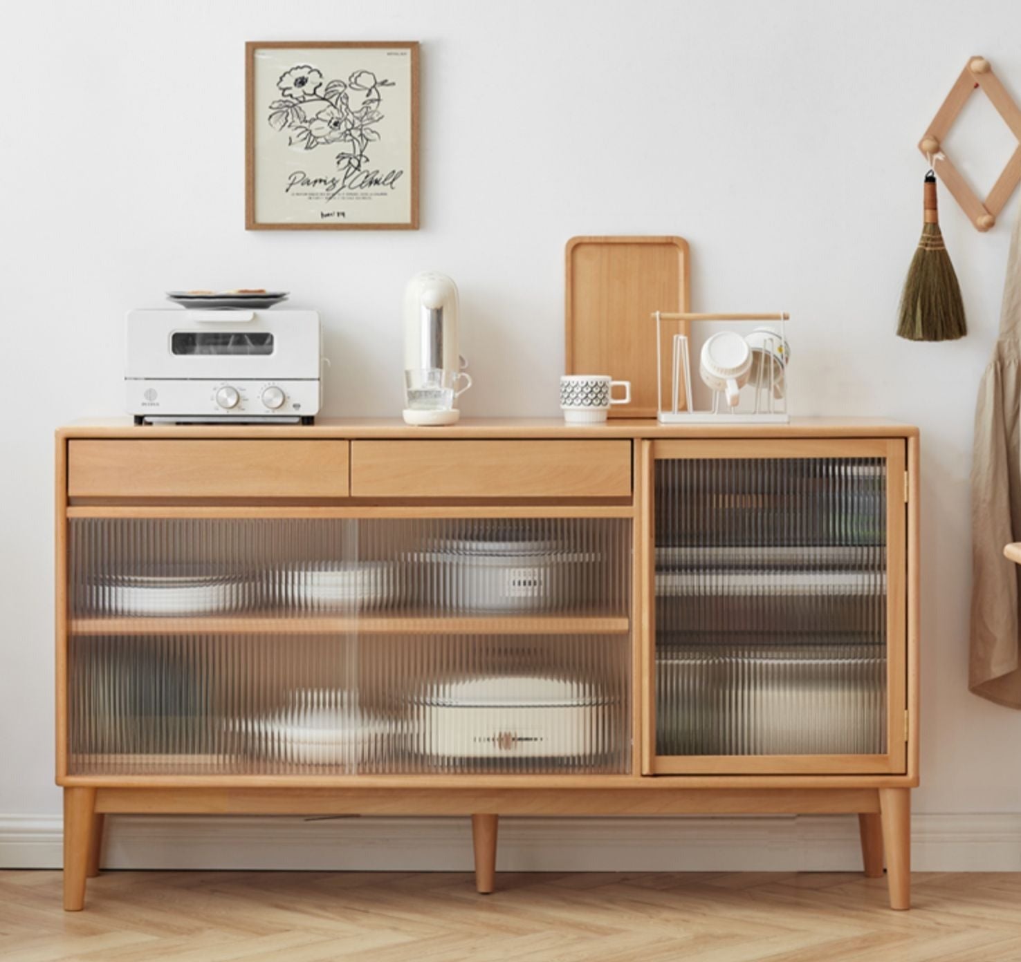 Buffet sideboard high glass cabinet Oak solid wood-