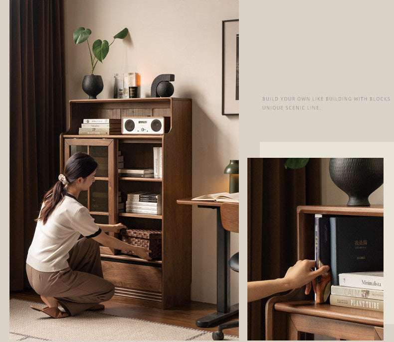 Black Walnut, Oak Solid Wood Bookcase with Storage Cabinet and Built-In Light