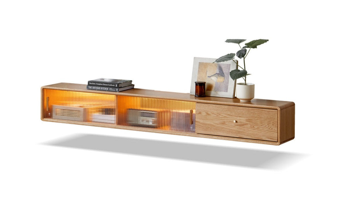 Oak solid wood suspended TV cabinet glass sliding door LED lights"+