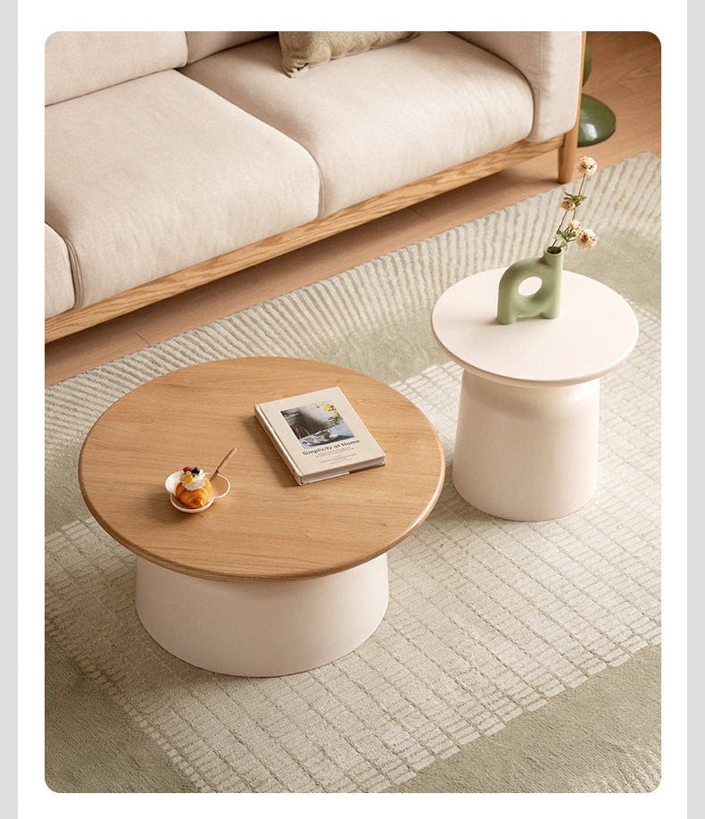 Oak Solid Wood, Solid RubberWood Round Nesting Coffee Tables, Modern Cream Style