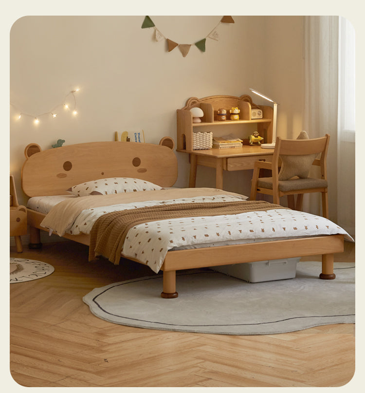 Beech Solid Wood Kids Bed with Bear-Shaped Headboard