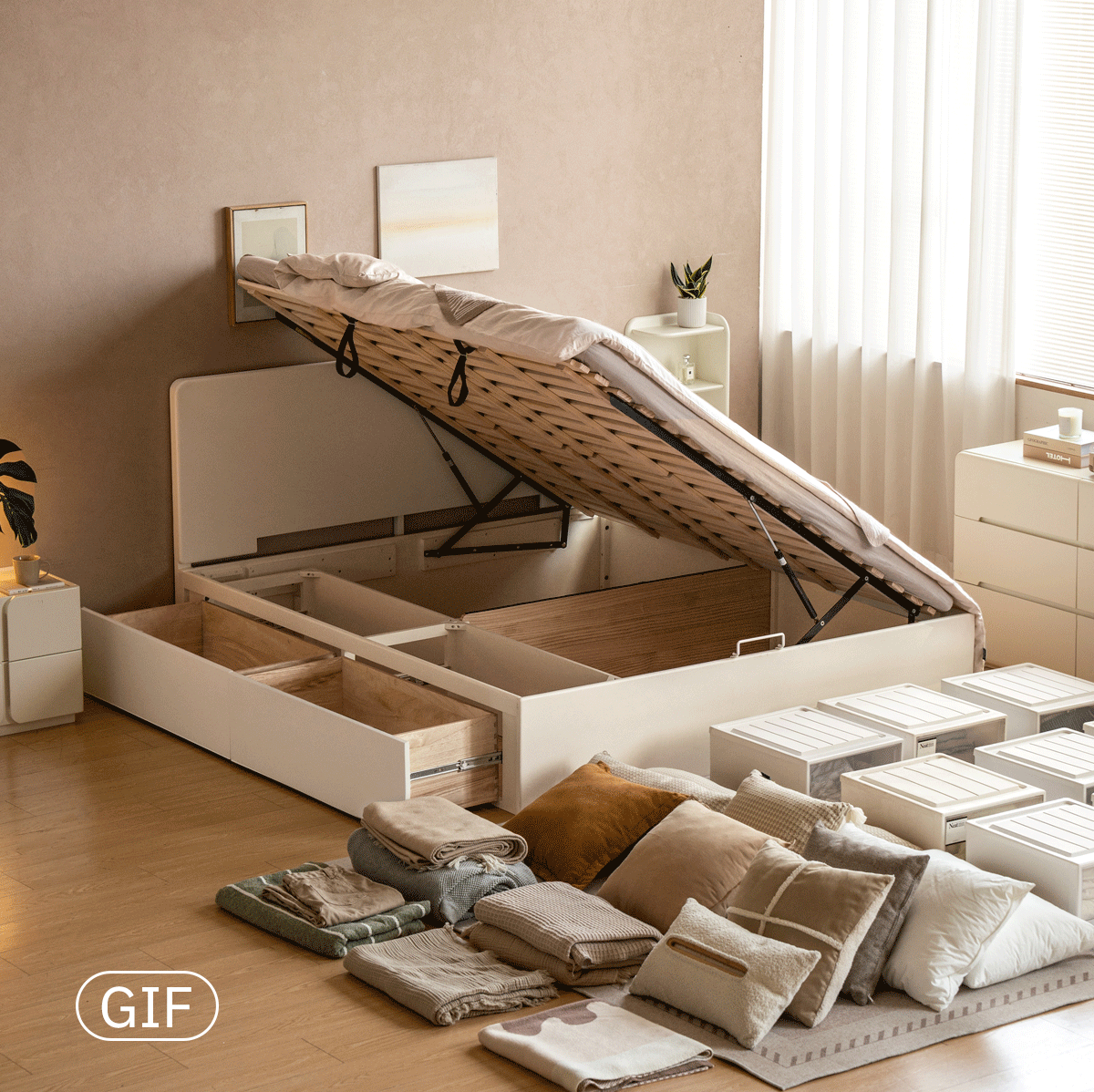 Poplar Solid Wood Channel Tufted Platform Bed with Gas Lift Storage