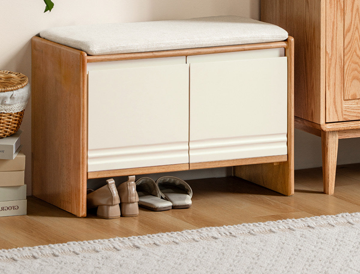 Solid RubberWood Shoe Storage Bench with Doors and Cushioned Top