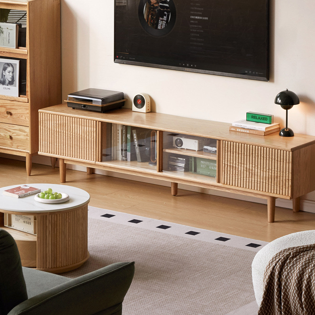 Oak Solid Wood Wall-Mounted TV Stand with Modern Minimalist Storage.