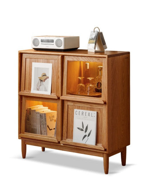 Four-door bookcase with light, magazine cabinet solid wood"