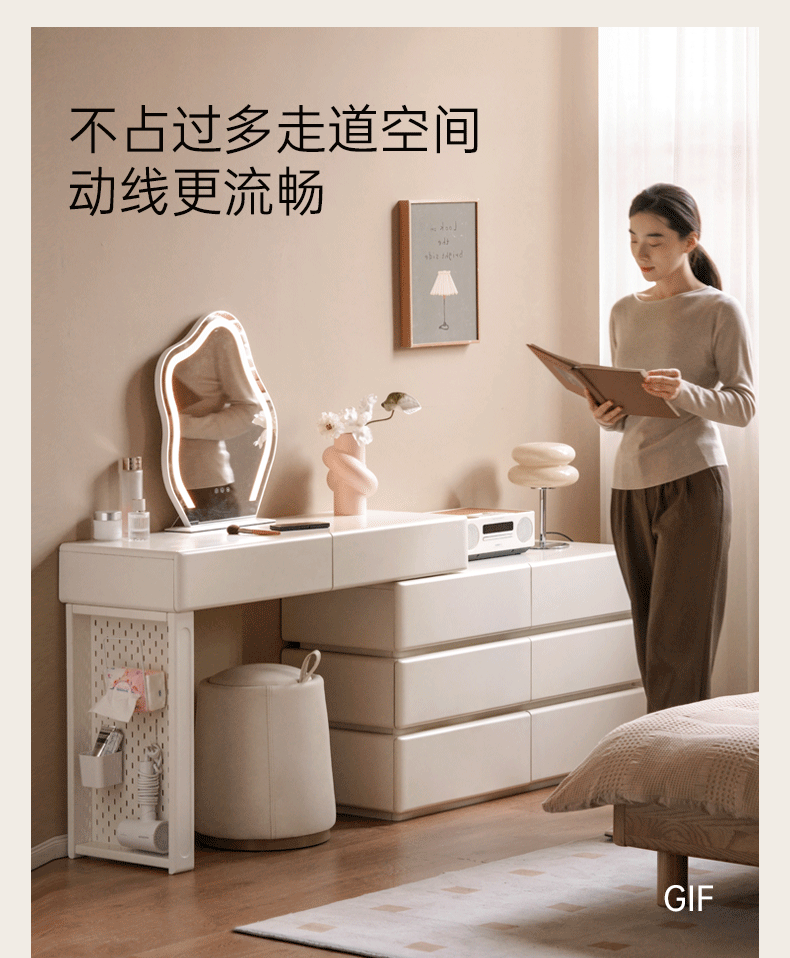 Solid Rubberwood Telescopic Vanity Table with Single-Layer Storage in White Cream