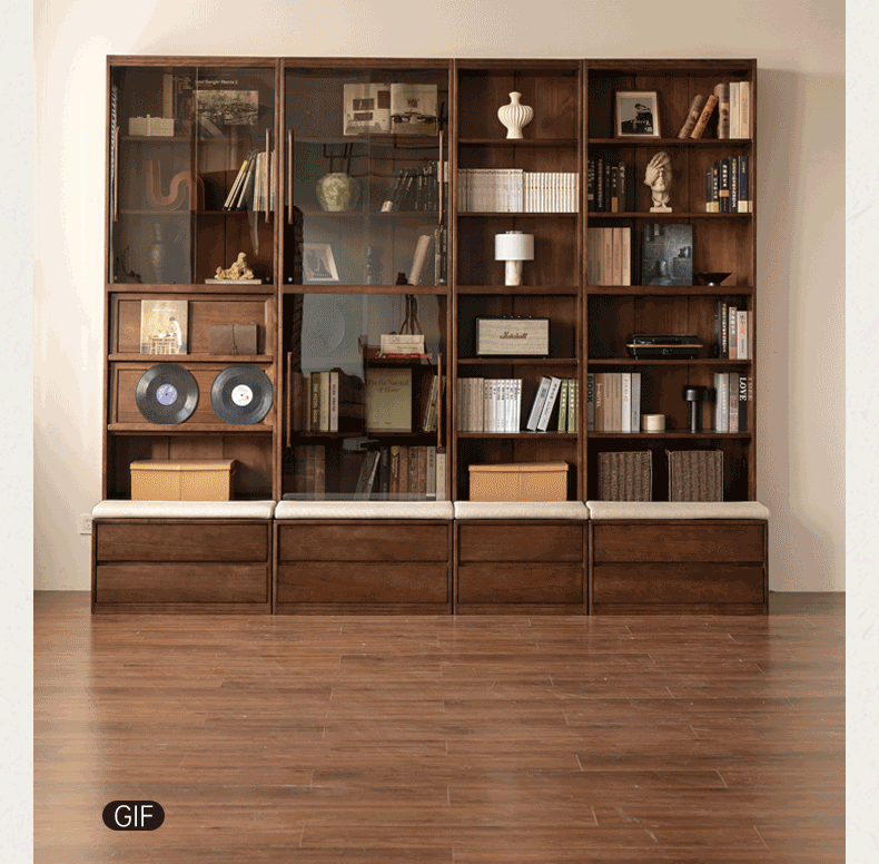 Solid Longan Hardwood, Ash Solid Wood Bookcase with Floor-to-Deck and Wall-Mounted Display Cabinet