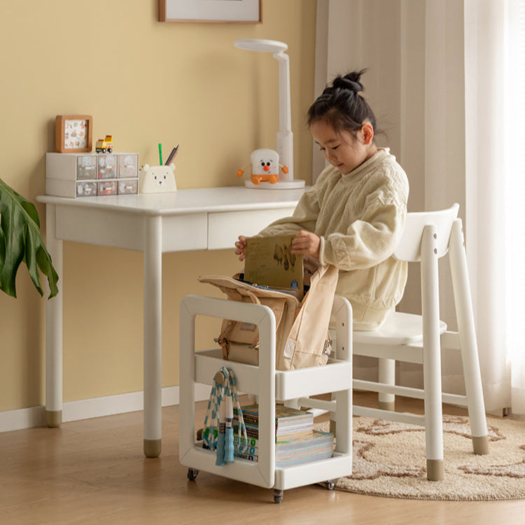 Rubber Solid Wood White Cream Style Under-Desk Movable Storage Rack