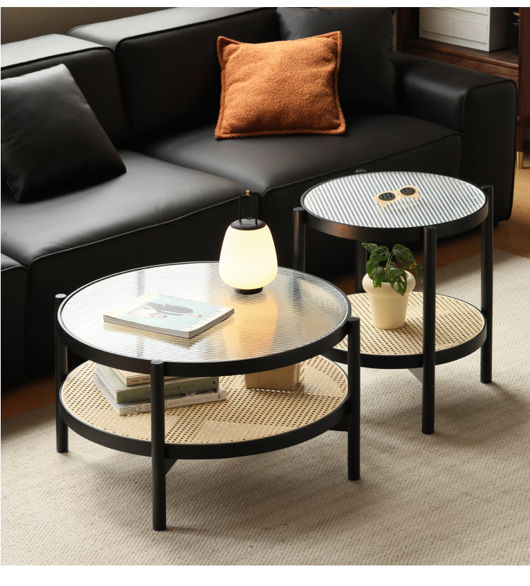 Oak Solid Wood Rattan Black Glass Round Coffee Table