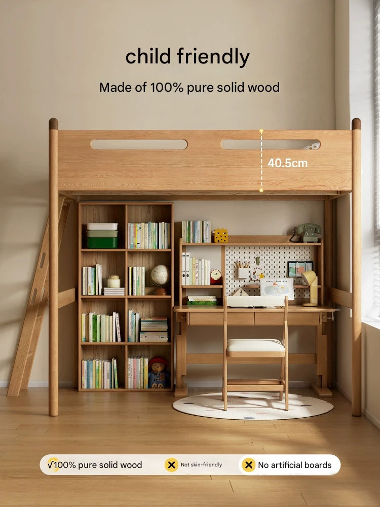 Oak solid wood Loft bed with cabinet
