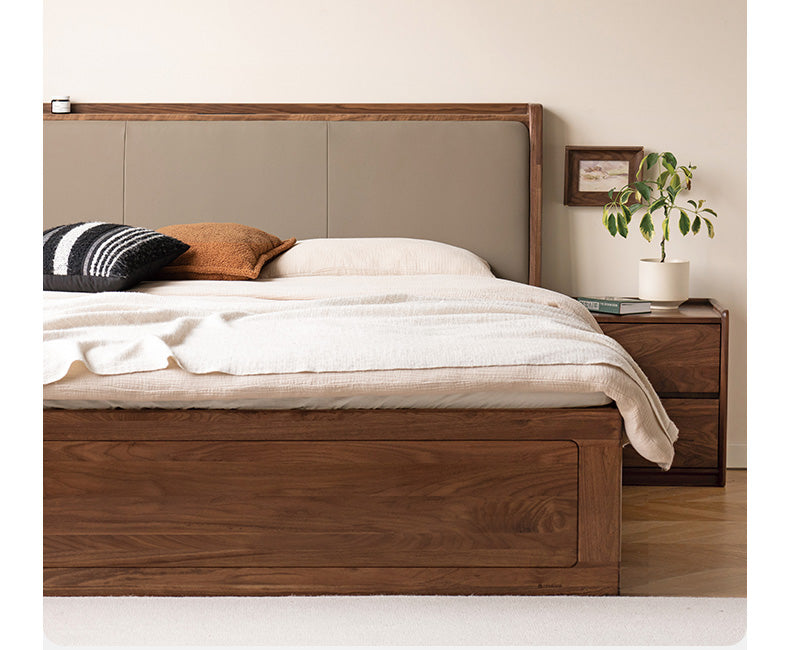 Black Walnut Solid Wood leather soft Drawer Box Bed Nordic<