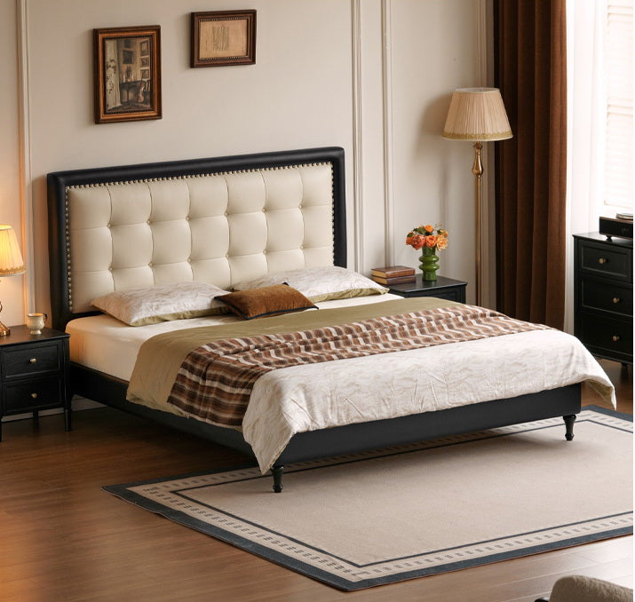 Luxury Genuine Leather Soft Headboard Bed, American Style Riveted Bed
