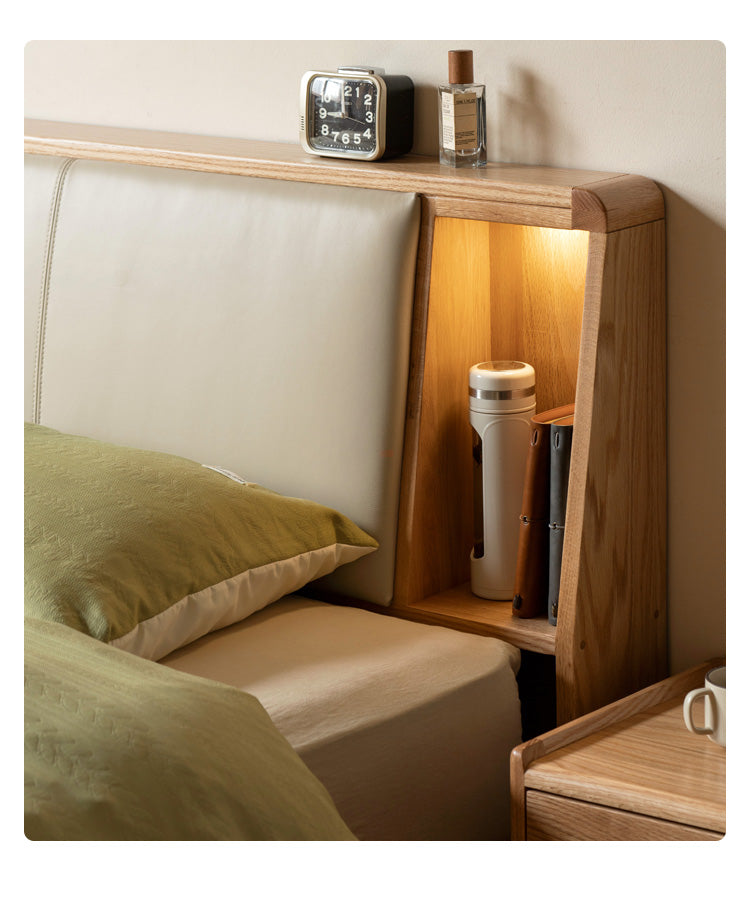 Oak Solid wood Leather, technical fabric back luminous bed with shelf"