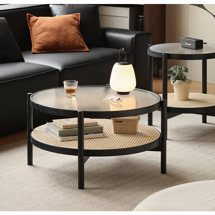 Oak Solid Wood Rattan Black Glass Round Coffee Table