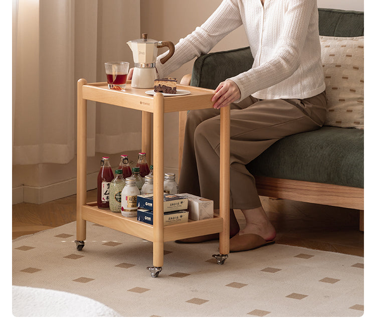 Beech Solid Wood Mobile Modern Double Layer Storage Side Table