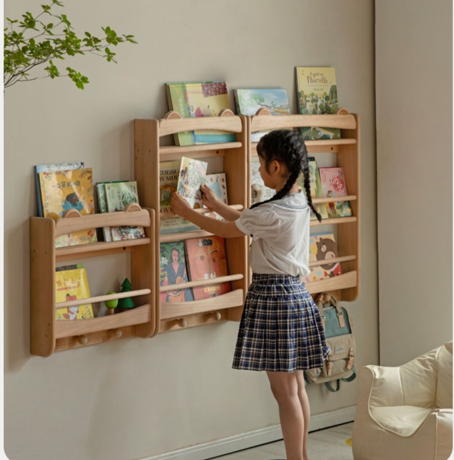 Cute Bear wall-mounted bookshelf Beech solid wood  display shelf "