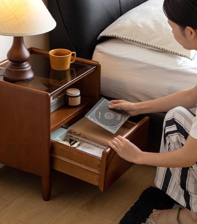 Poplar Solid Wood Glass Teak Color Nightstand