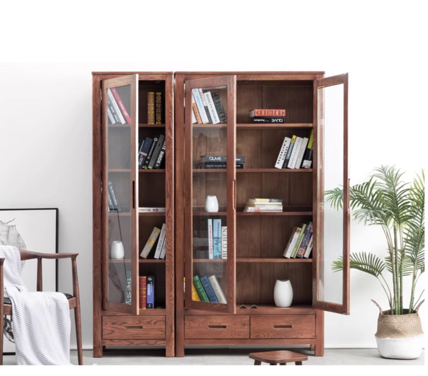 Oak Solid Wood Nordic Bookcase with Glass Door