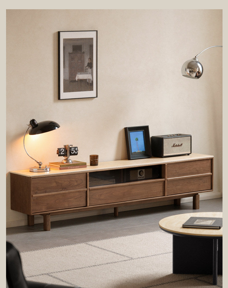 Black Walnut Solid Wood Luxury Style TV Cabinet with Slab Top and Storage