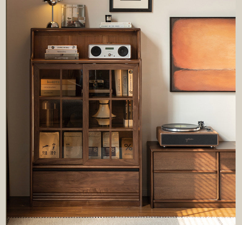 Black Walnut, Oak Solid Wood Bookcase with Storage Cabinet and Built-In Light