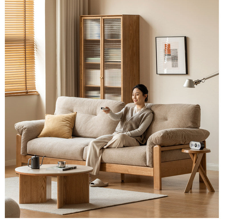 Ash Solid Wood Genuine leather, fabric Exposed Frame Sofa with Tufted Cushions