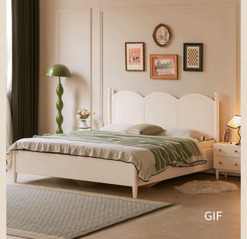 Rubberwood Solid Wood Bed with White Cream Style Large Box Frame