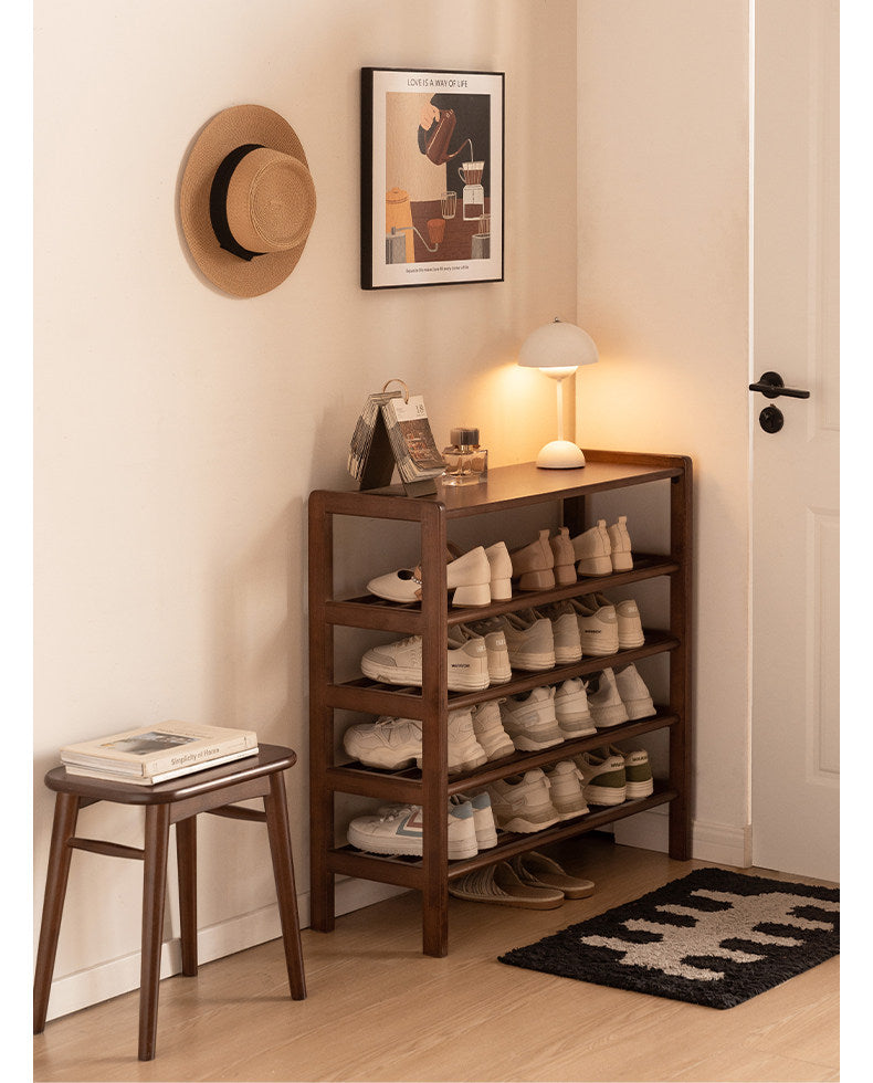Solid RubberWood Modern Entryway Shoe Rack with Top Shelf and Hooks
