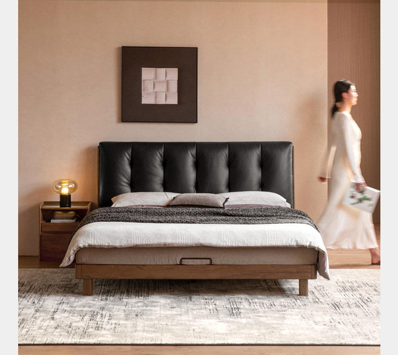 Black Walnut Solid Wood Leather Upholstered Platform Bed with Vertical Channel Tufted Headboard